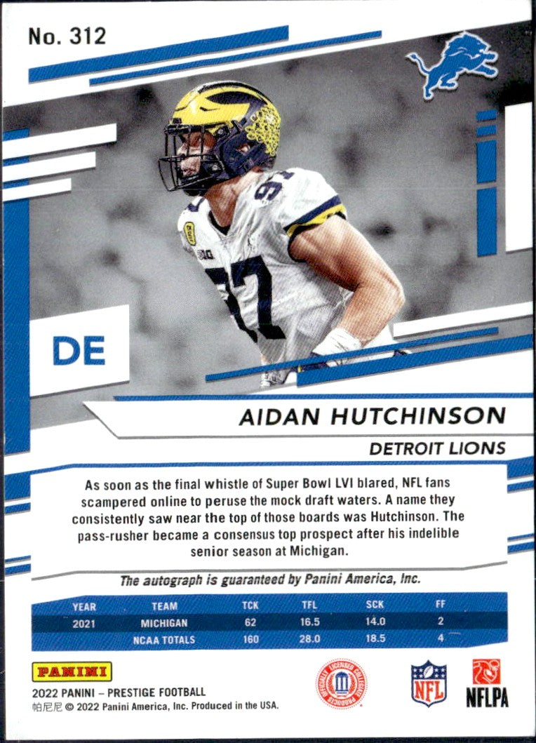 Aidan Hutchinson RC 2022 Panini Prestige Xtra Points Rookie Auto #312-2