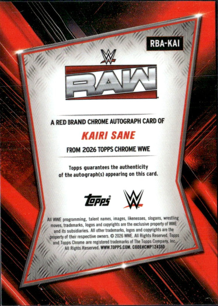 Kairi Sane 2026 Topps Chrome WWE Blue Refractor Red Brand Auto SP 92/150-2