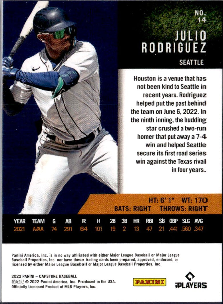 Julio Rodriguez RC 2022 Panini Capstones Black Artist's Proof Rookie SP 8/10-2