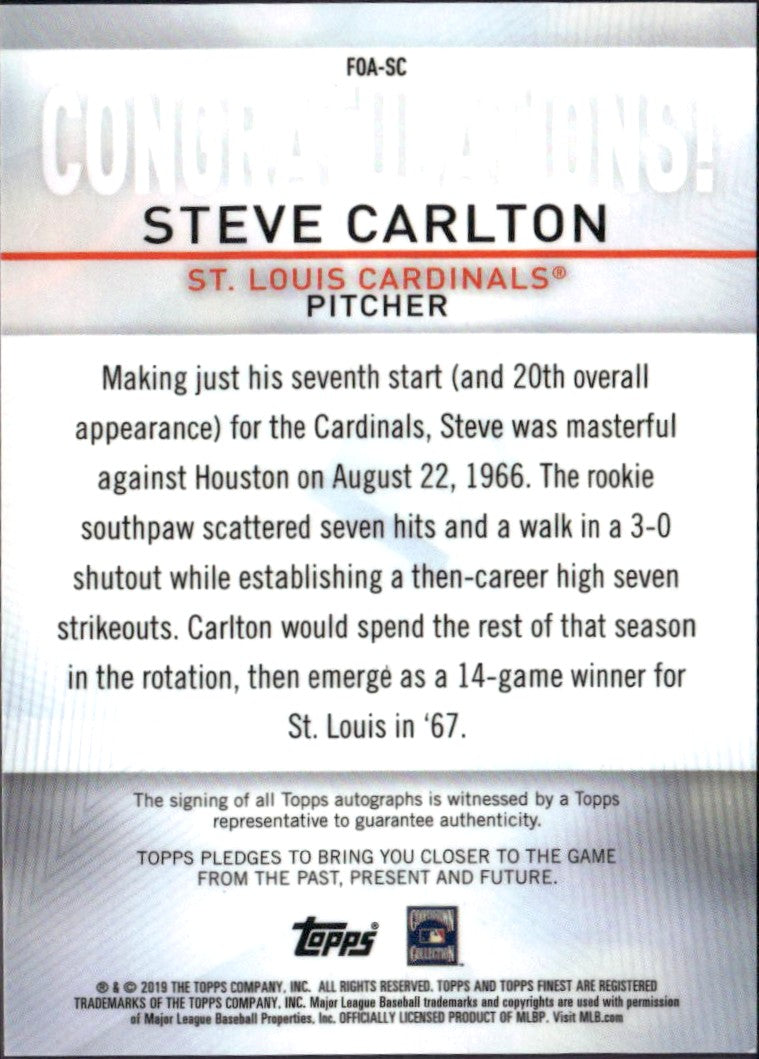 Steve Carlton 2019 Topps Finest Gold Refractor Finest Origins Auto SP 27/50-2