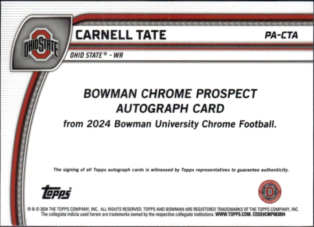 Carnell Tate RC 2024 Bowman University Chrome Rookie Auto-2
