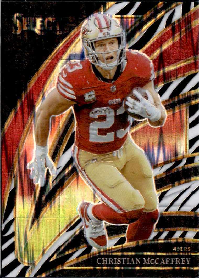 Christian Mccaffrey 2025 Panini Select Club Level Zebra Shock Prizm SSP #218-1