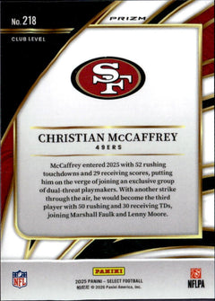 Christian Mccaffrey 2025 Panini Select Club Level Zebra Shock Prizm SSP #218-2