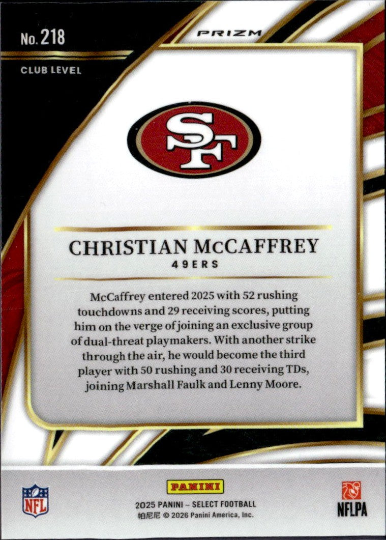Christian Mccaffrey 2025 Panini Select Club Level Zebra Shock Prizm SSP #218-2