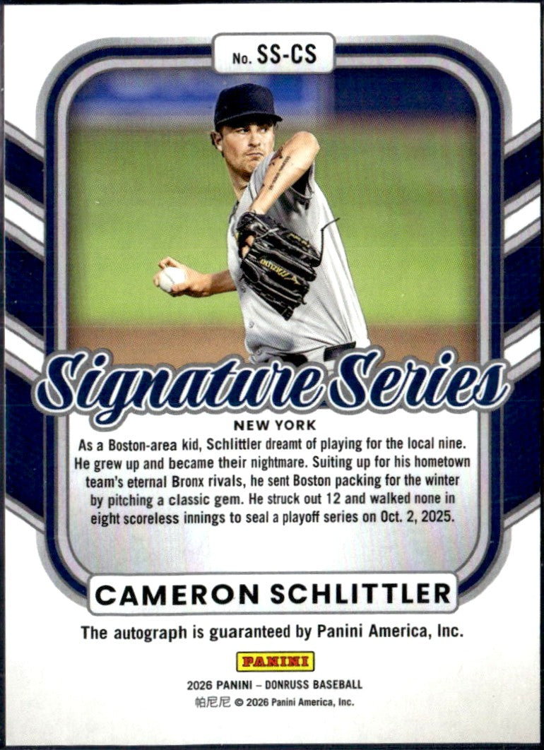 Cameron Schlittler 2026 Donruss Signature Series Blue Auto SP 67/75-2
