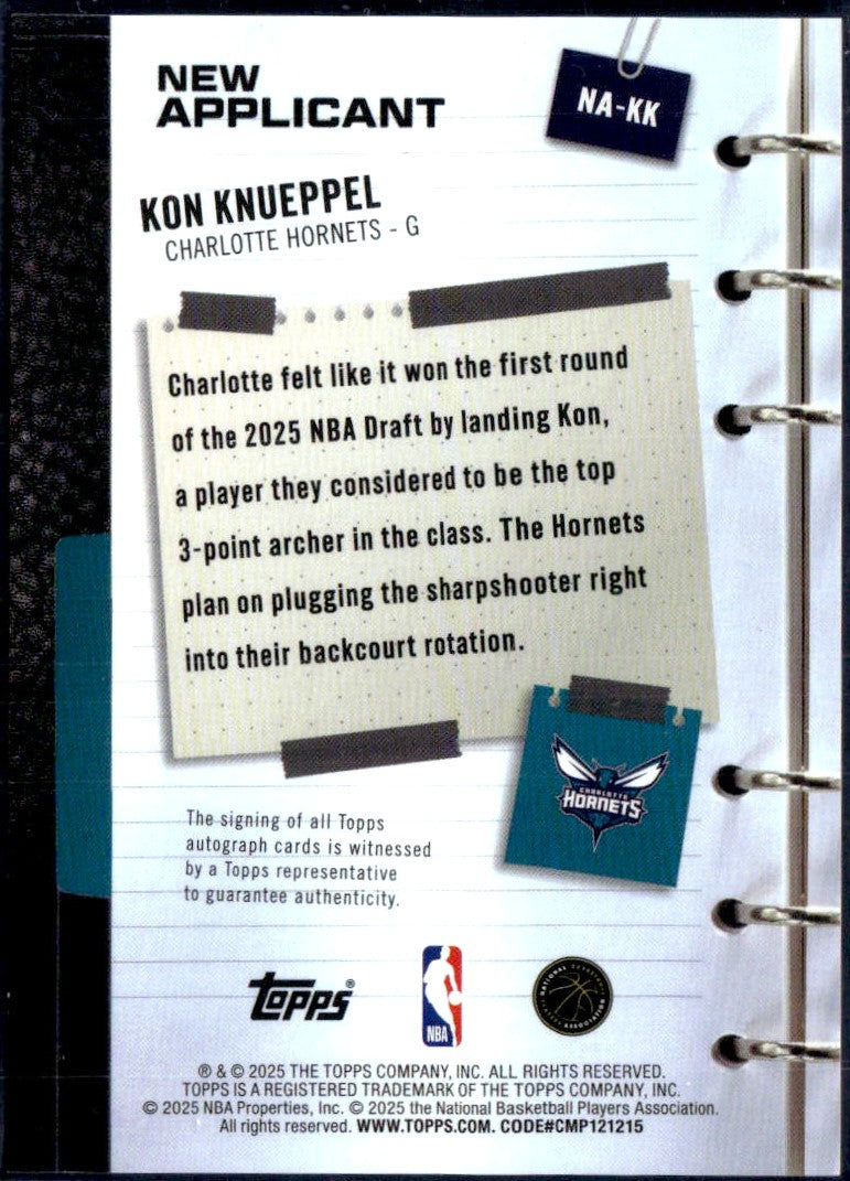 Kon Knueppel RC 2025-26 Topps New Applicant Rookie Auto-2
