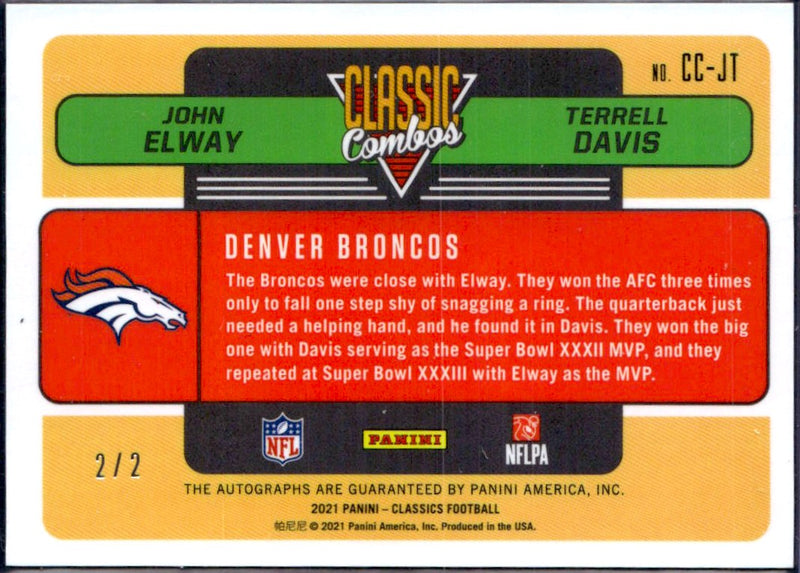 John Elway Terrell Davis 2021 Panini Classics Blue Combos Auto SP 2/2-2