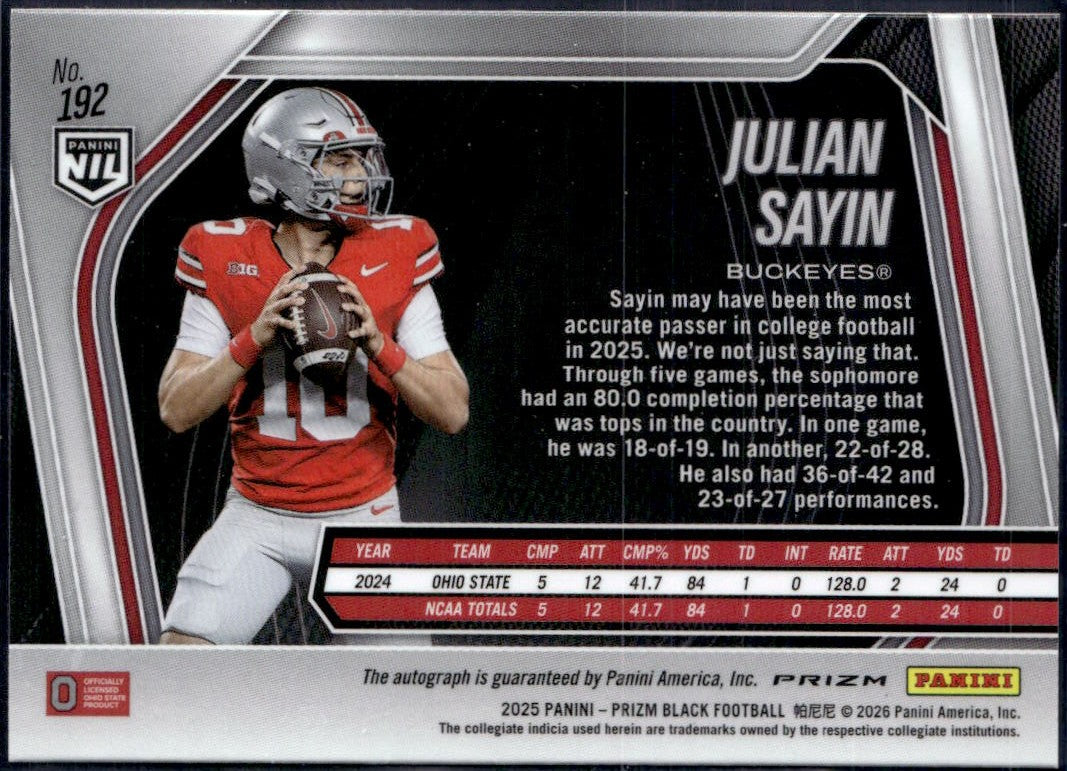 Julian Sayin RC 2025 Panini Prizm Black Silver Rookie Auto #192-2