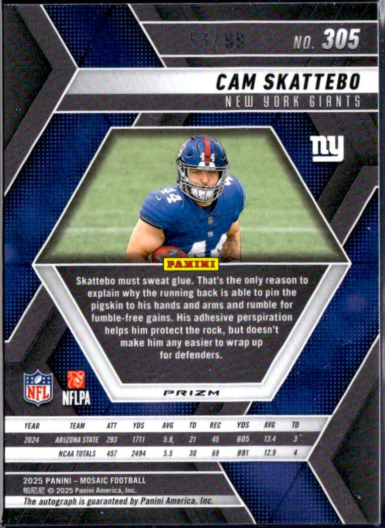 Cam Skattebo RC 2025 Panini Mosaic Blue Rookie Auto SP 53/99