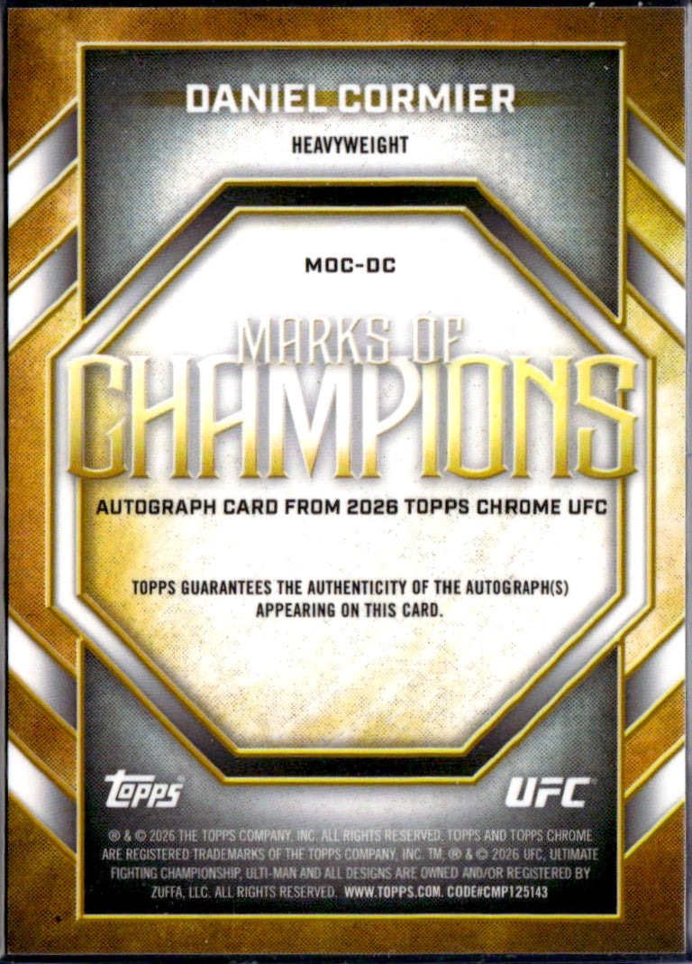 Daniel Cormier 2026 Topps Chrome Sapphire UFC Orange Marks Of Champions Auto SP 12/25-2