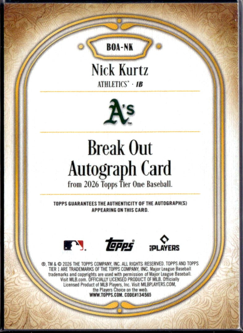 Nick Kurtz 2026 Topps Tier One Blue On Card Auto SP 23/49-2