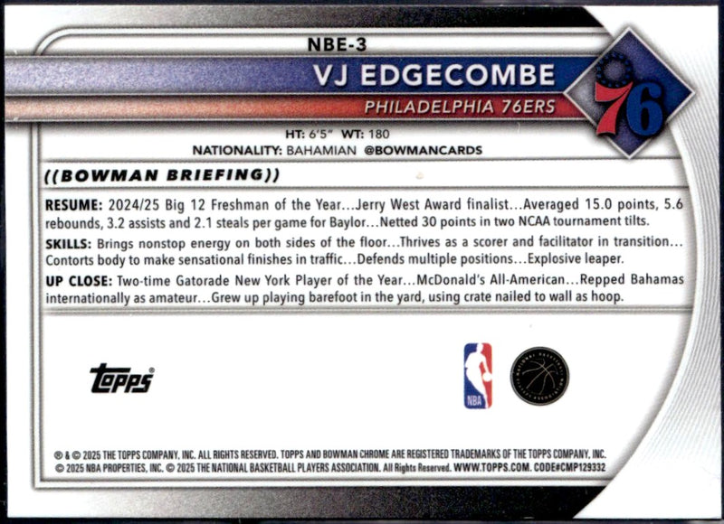 Vj Edgecombe RC 2025-26 Bowman Chrome Etched In Glass Variation Rookie SSP-2