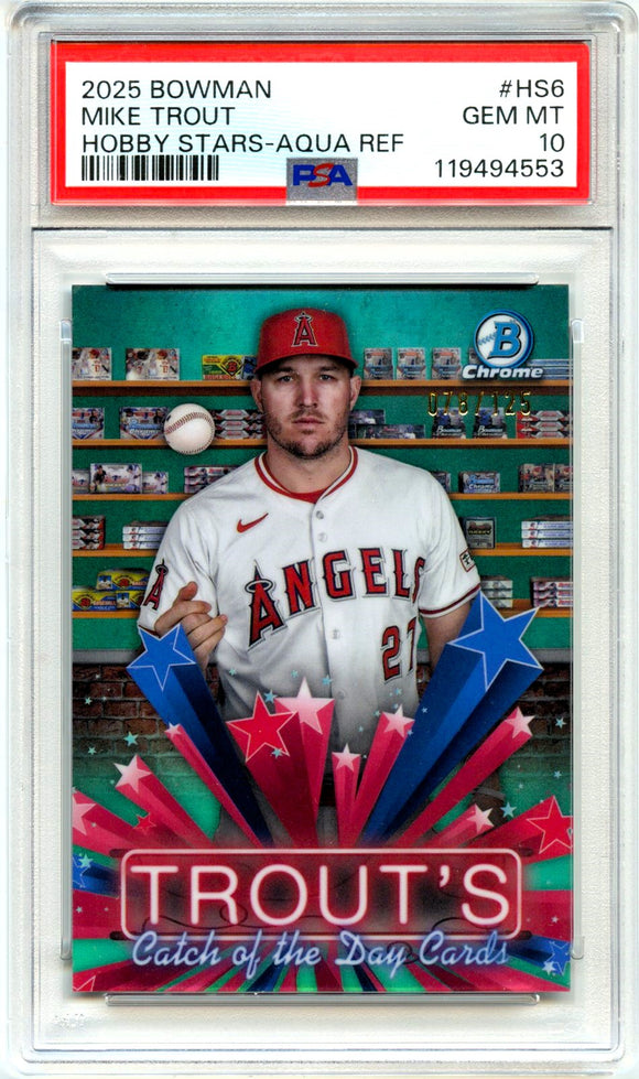 Product Mike Trout 2025 Bowman Chrome Aqua Refractor Hobby Stars SP 78/125 PSA 10 Link