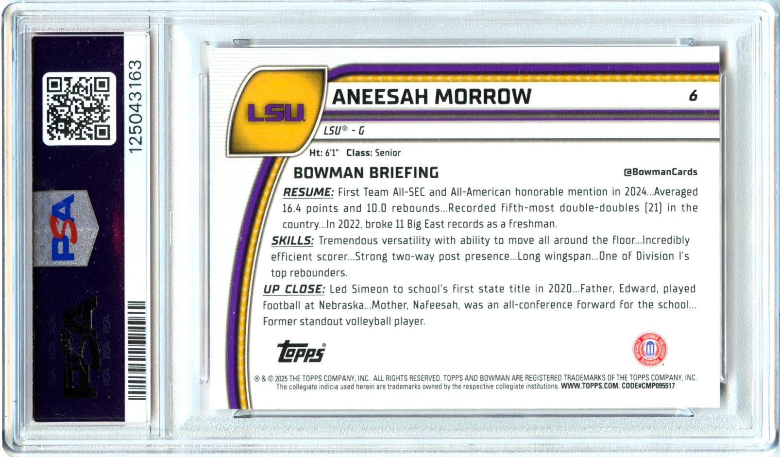 Aneesah Morrow 2024 Bowman U Chrome Orange Shimmer Rookie SP 54/65 PSA 10-2