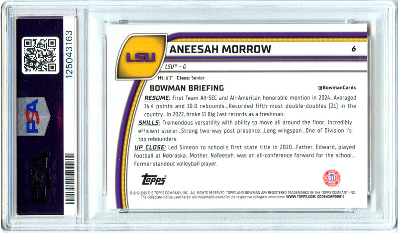 Aneesah Morrow 2024 Bowman U Chrome Orange Shimmer Rookie SP 54/65 PSA 10-2