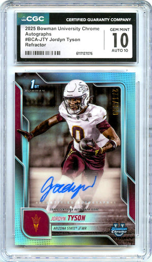 Jordyn Tyson RC 2025 Bowman U Chrome Refractor Rookie Auto SP 271/299 CGC 10