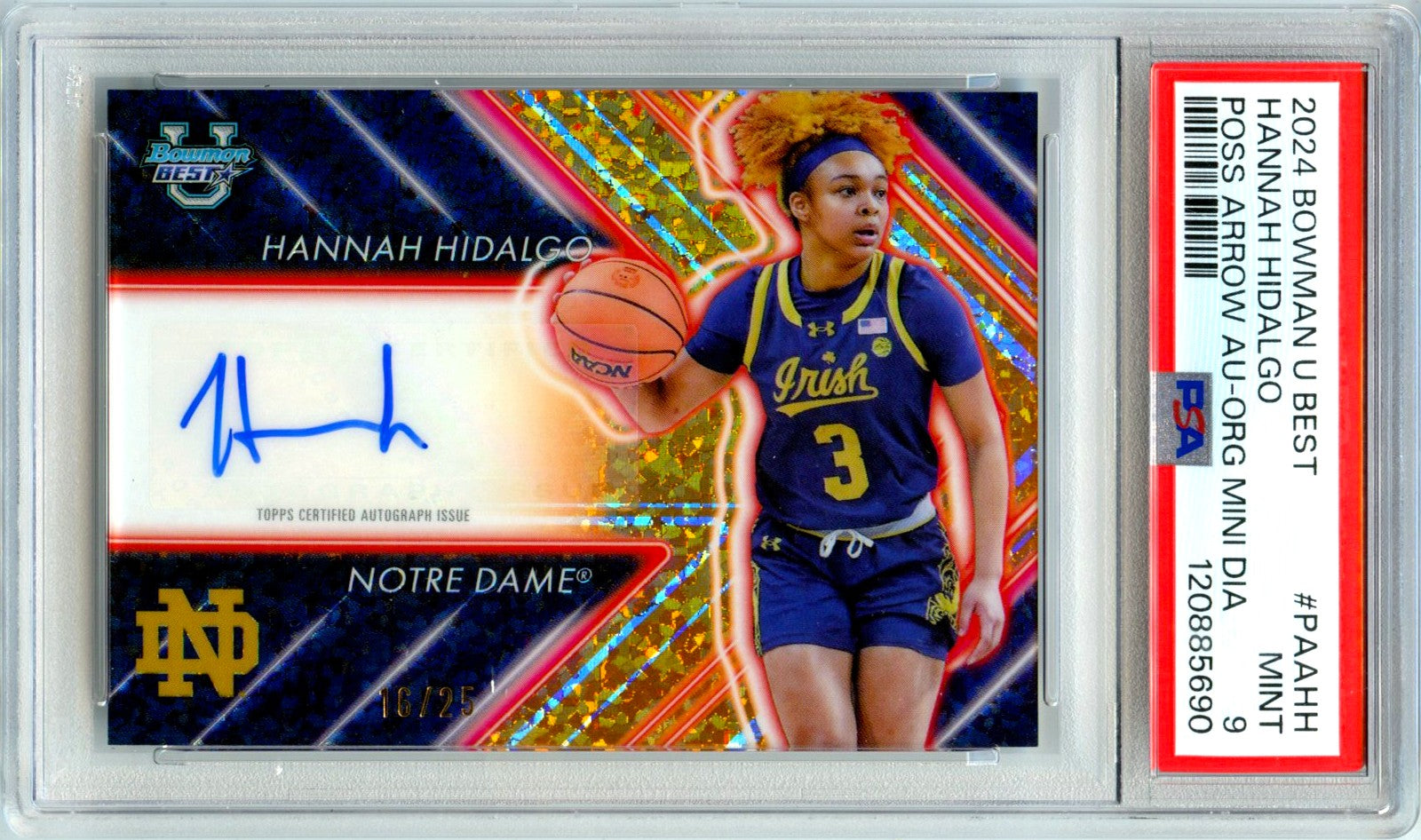 Hannah Hidalgo RC 2024 Bowman U Best Orange Mini Diamond Possession Arrow Rookie Auto 16/25 PSA 9-1