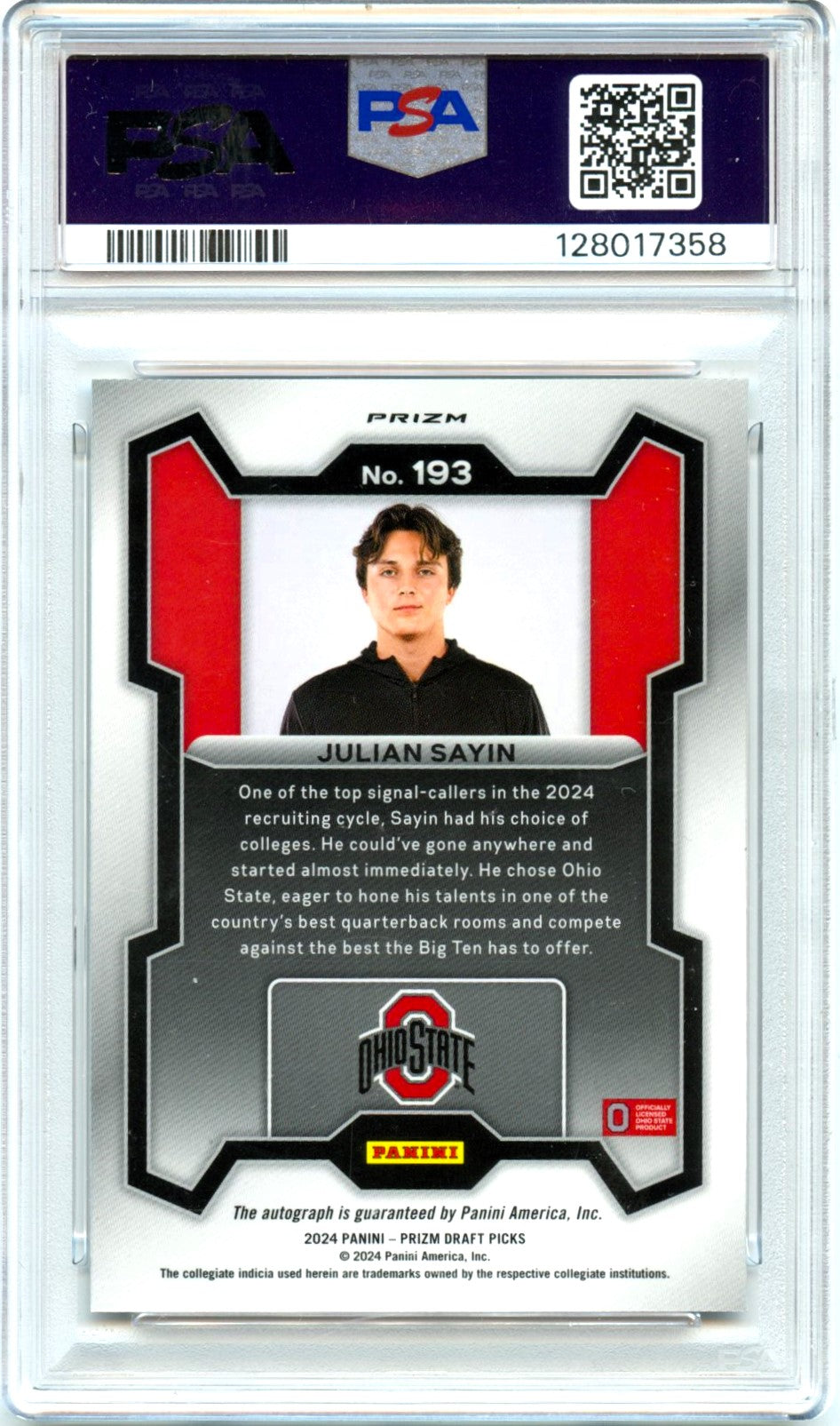 Julian Sayin RC 2024 Panini Prizm Draft Silver Rated Prospect