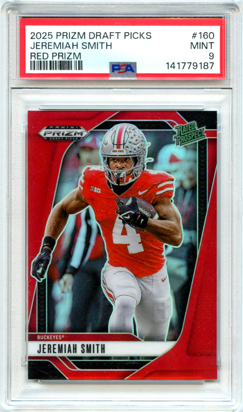 Jeremiah Smith RC 2025 Panini Prizm Draft Red Rated Prospect Rookie SP 297/399 PSA 9-1