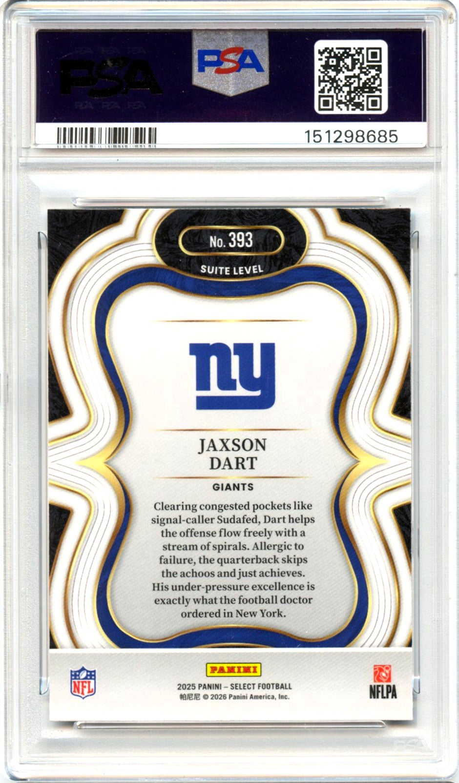 Jaxson Dart RC 2025 Panini Select Suite Level Rookie #393 PSA 10