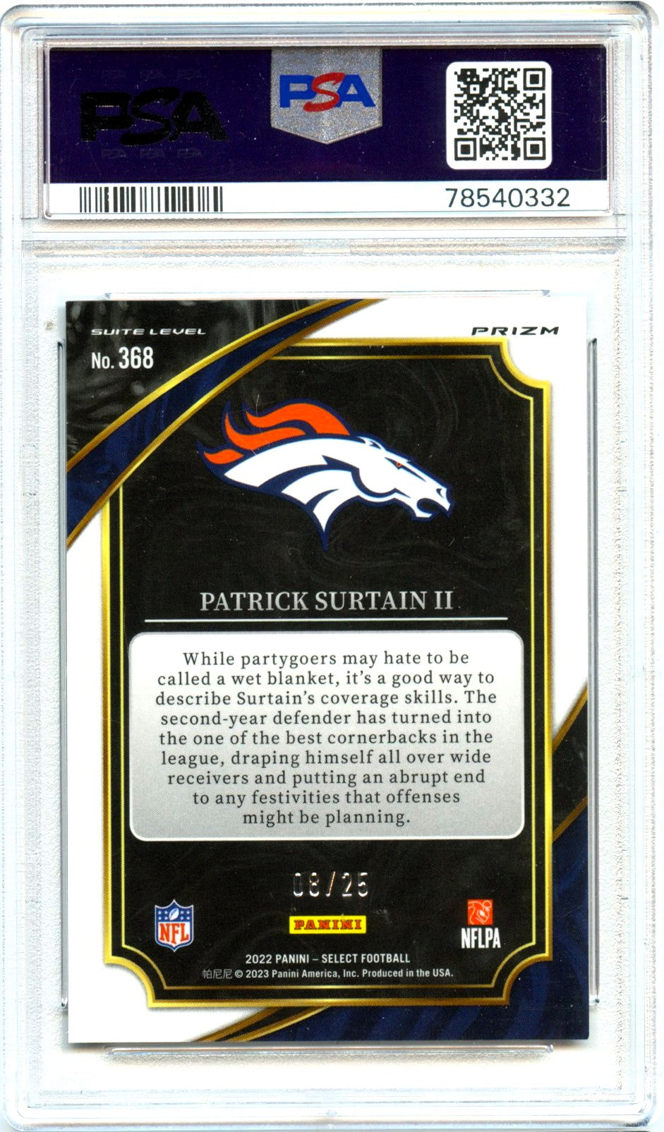 Patrick Surtain II 2022 Panini Select Suite Level Tie Dye Prizm SP 8/25 PSA 10