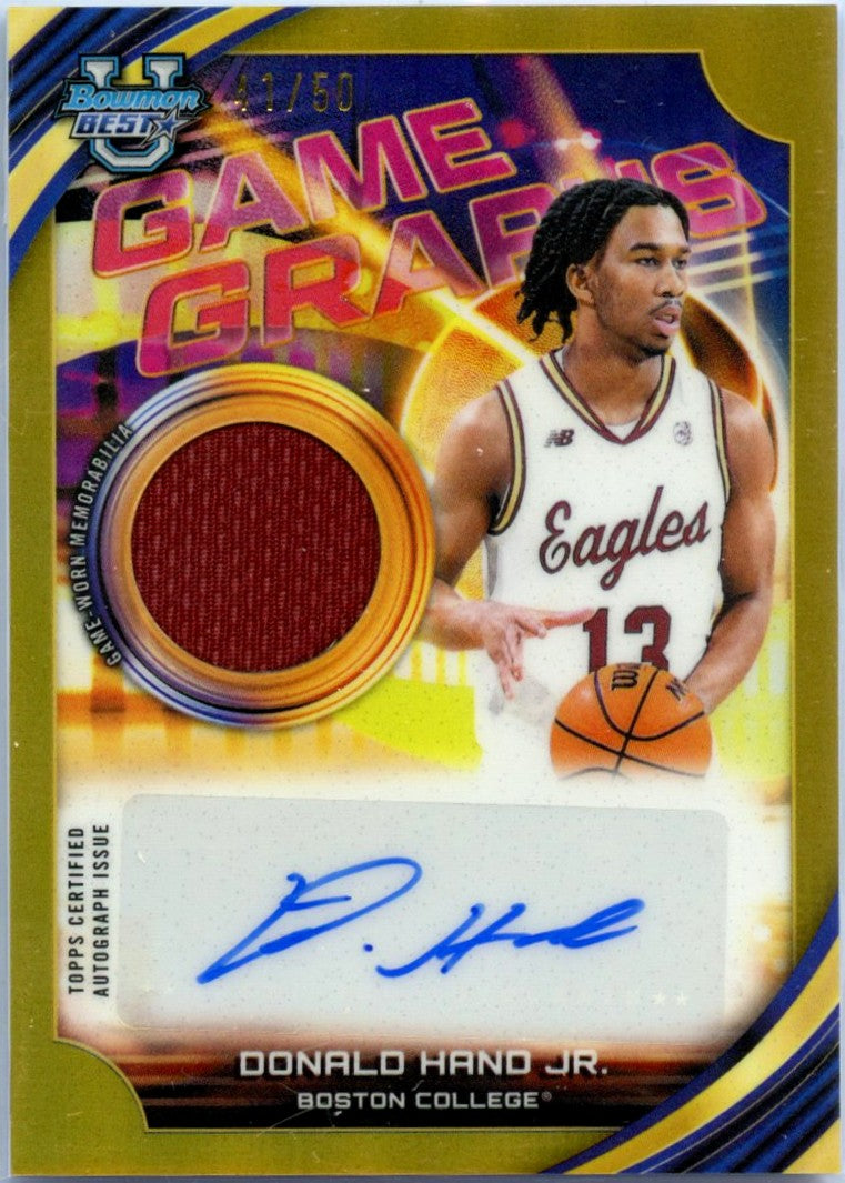 Donald Hand Jr RC 2025 Bowman U Best Gold Game Graphs Rookie Patch Auto SP 41/50-1