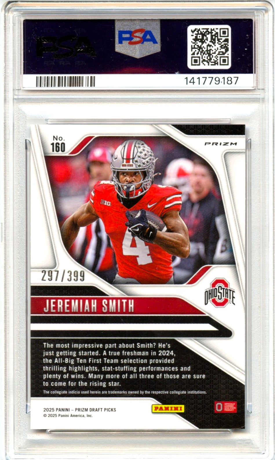 Jeremiah Smith RC 2025 Panini Prizm Draft Red Rated Prospect Rookie SP 297/399 PSA 9