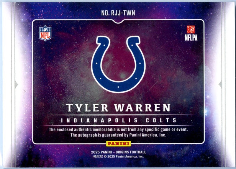 Tyler Warren RC 2025 Panini Origins Blue Rookie Patch Auto SP 32/49-2