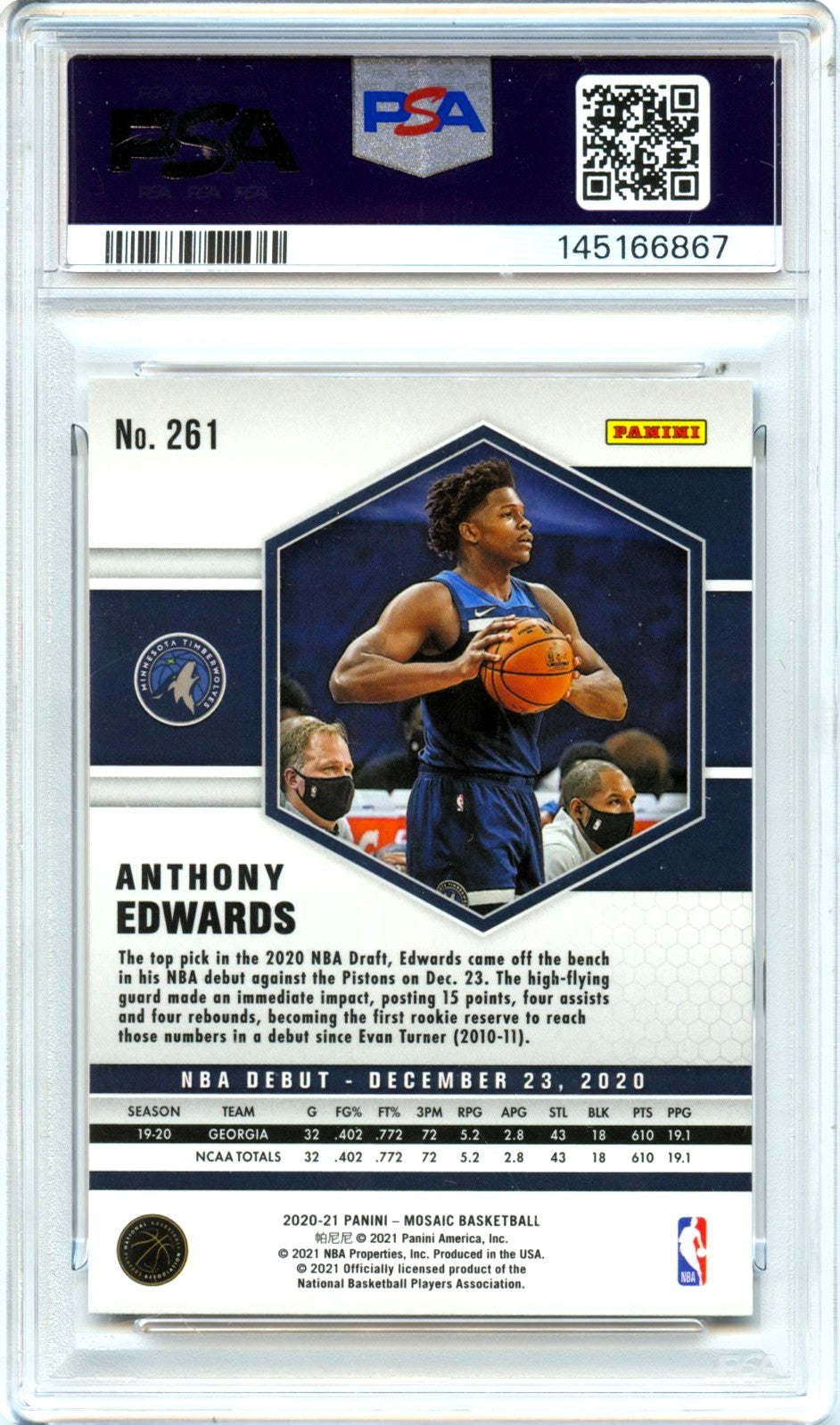 Anthony Edwards RC 2020-21 Panini Mosaic Silver Rookie #261 PSA 10