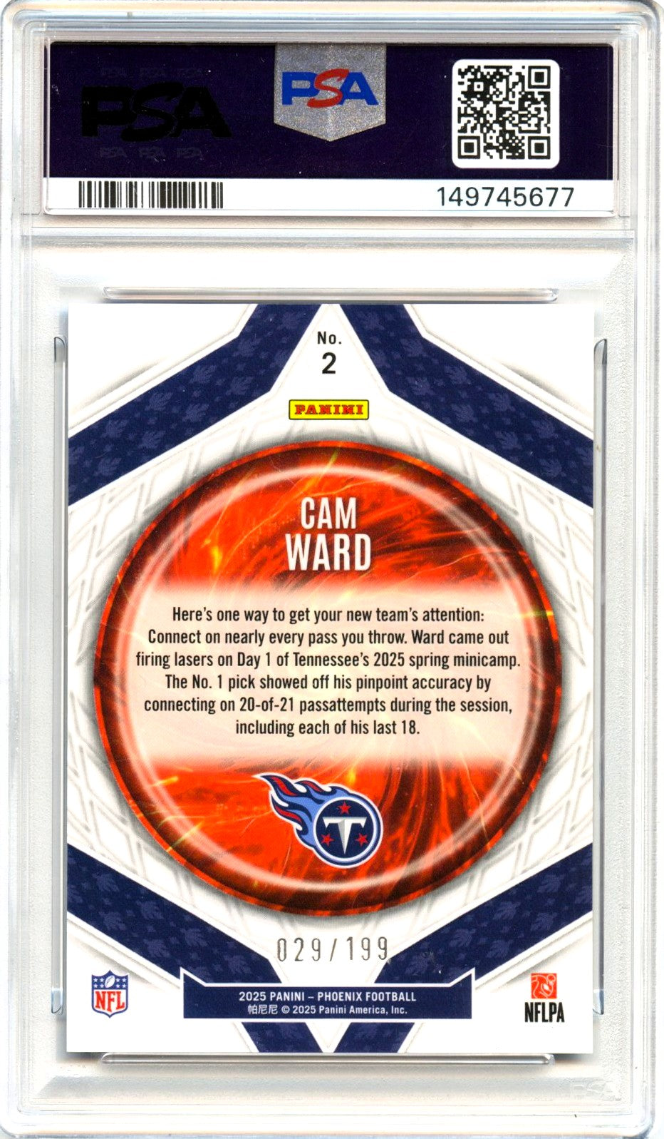 Cam Ward RC 2025 Panini Phoenix Blue Paragon Rookie SP 29/199 PSA 10