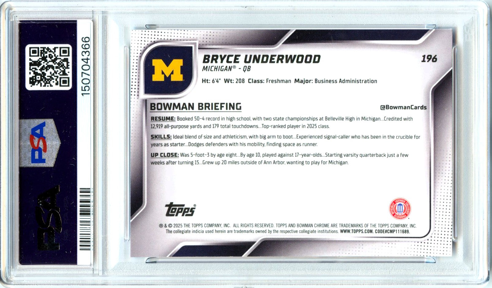 Bryce Underwood RC 2025 Bowman U Chrome Sapphire Rookie #196 PSA 10