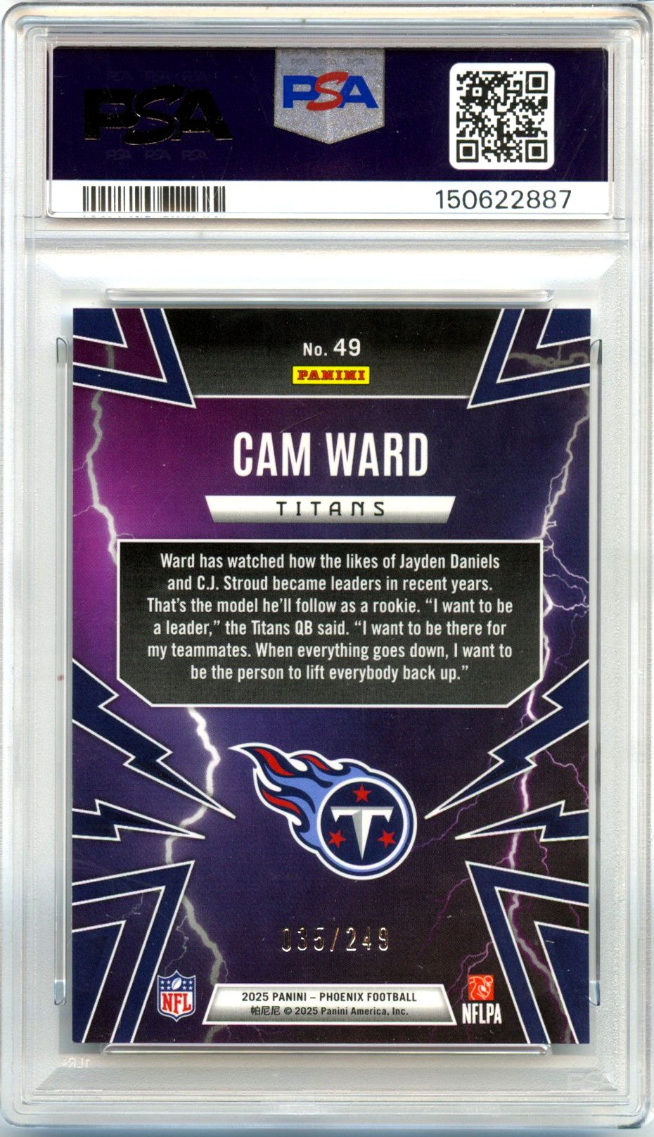 Cam Ward RC 2025 Panini Phoenix Silver Pandora Thunderbirds Rookie SP 35/249 PSA 10-2