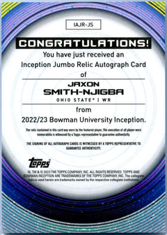 Jaxon Smith-Njigba RC 2022 Bowman U Inception Rookie Patch Auto SP 45/60-2