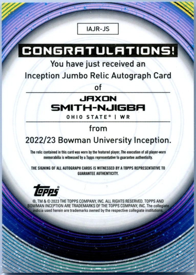 Jaxon Smith-Njigba RC 2022 Bowman U Inception Rookie Patch Auto SP 45/60-2