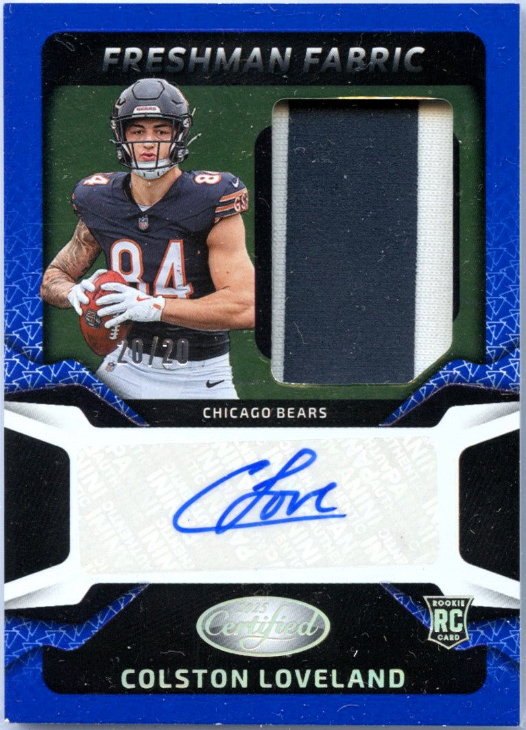 Colston Loveland RC 2025 Panini Certified Blue Freshman Fabric Rookie Patch Auto SP 20/20