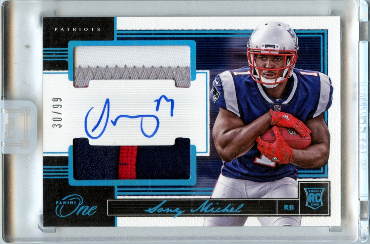 Sony Michel 2018 Panini One Blue Dual Rookie Patch Auto SP 30/99