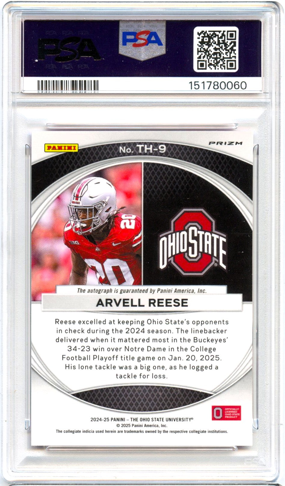 Arvell Reese RC 2024 Panini OSU Prizm Camo Trophy Hunting Rookie Auto PSA 9