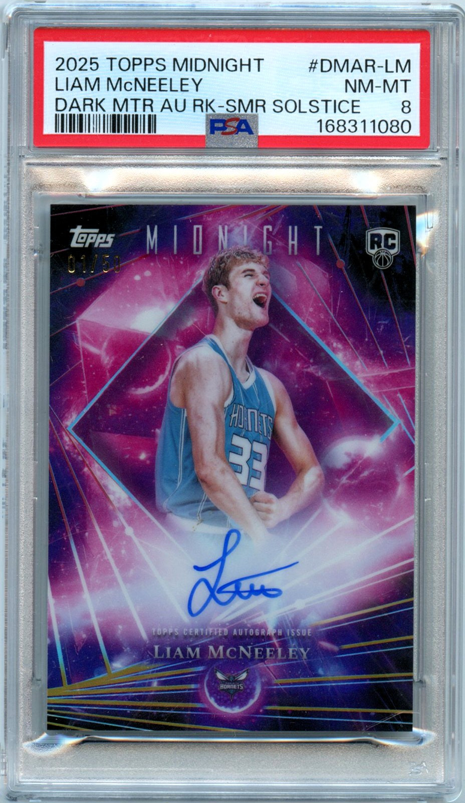 Liam Mcneeley RC 2025 Topps Midnight Summer Solstice Dark Matter Rookie Auto SP 1/50 PSA 8-1