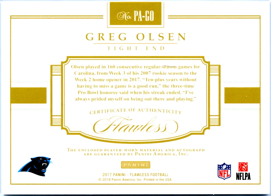 Greg Olsen 2017 Flawless Jersey Patch Auto SP 17/25