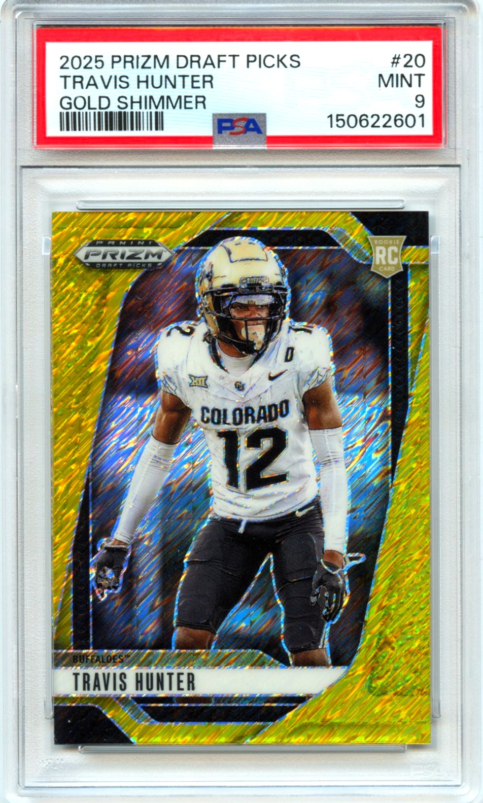 Travis Hunter RC 2025 Panini Prizm Draft Gold Shimmer Rookie SP 7/15 PSA 9-1