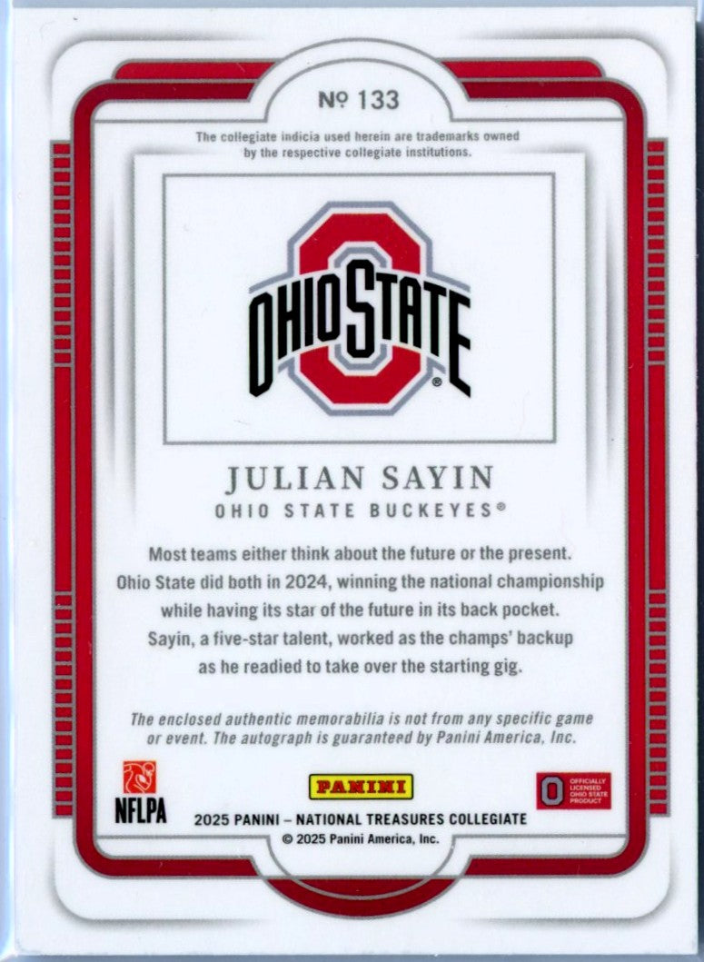 Julian Sayin RC 2025 National Treasures Collegiate Rookie Patch Auto SP 88/99-2