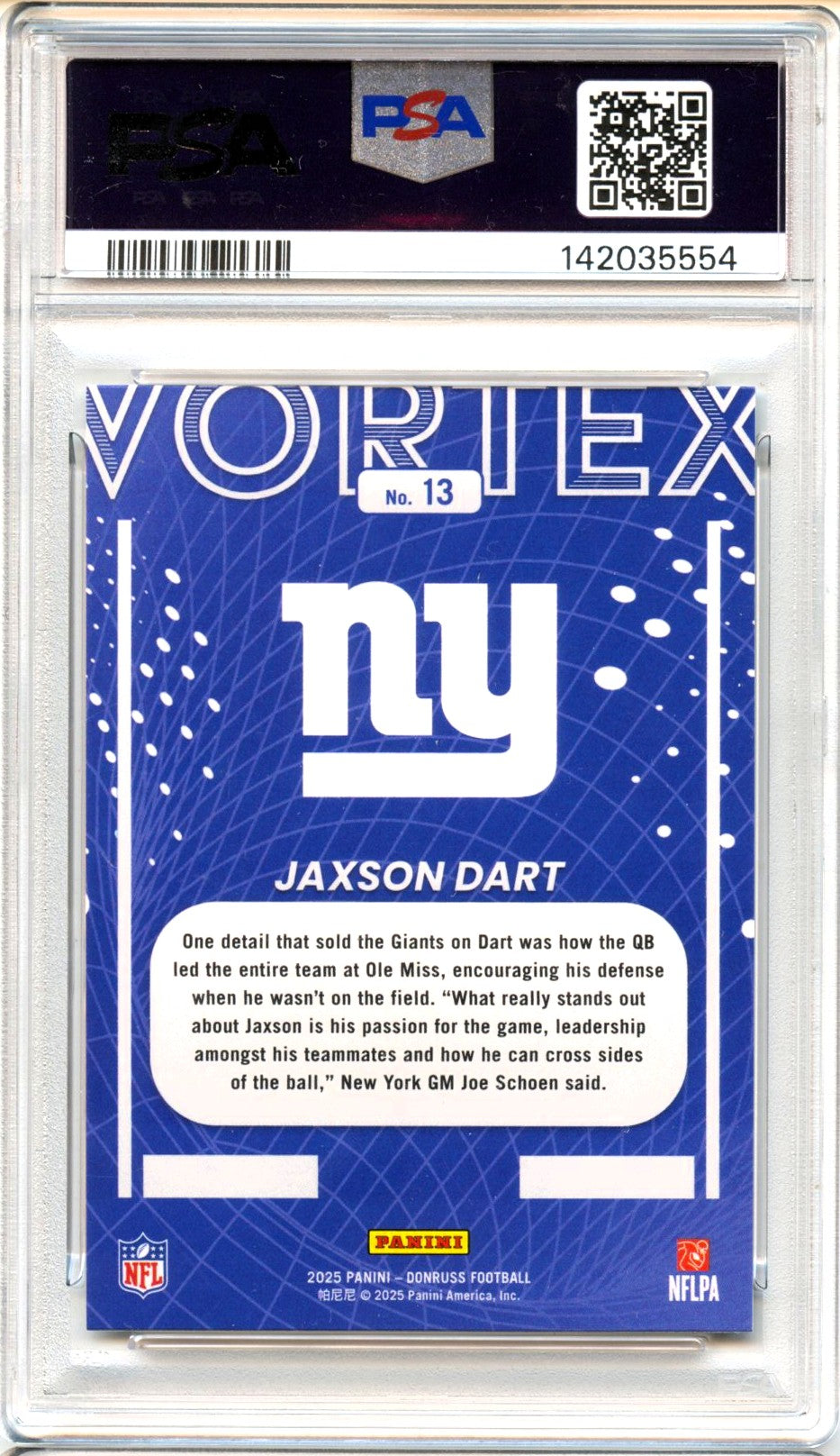 Jaxson Dart RC 2025 Donruss Vortex Rookie #13 PSA 10