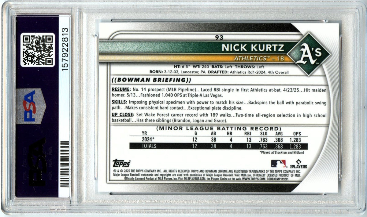 Nick Kurtz RC 2025 Bowman Chrome Red Rookie Redemption #93 PSA 9-2