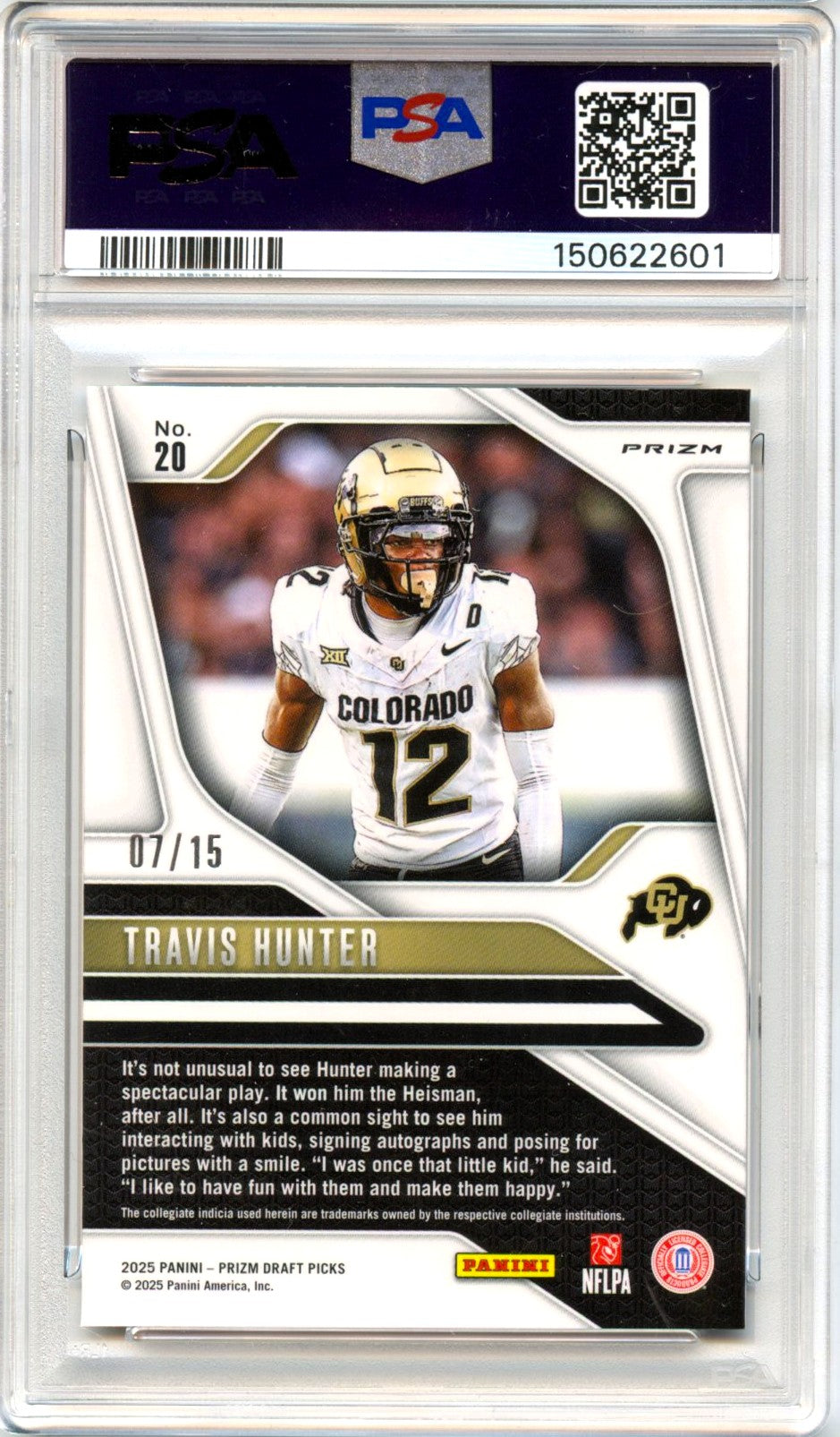 Travis Hunter RC 2025 Panini Prizm Draft Gold Shimmer Rookie SP 7/15 PSA 9