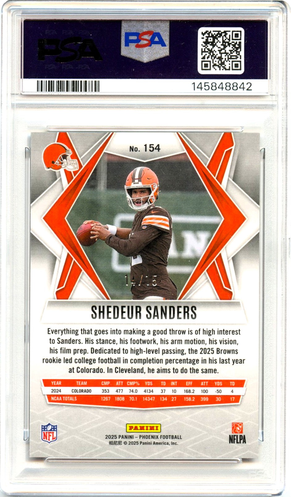 Shedeur Sanders RC 2025 Panini Phoenix Bronze Seismic Rookie SP 14/15 PSA 8