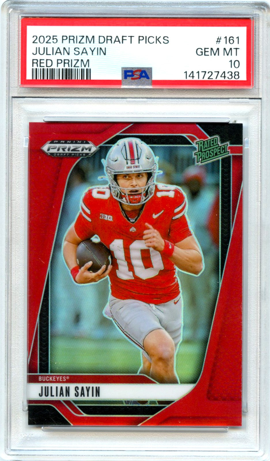 Julian Sayin RC 2025 Panini Prizm Draft Red Rated Prospect Rookie SP 157/399 PSA 10-1