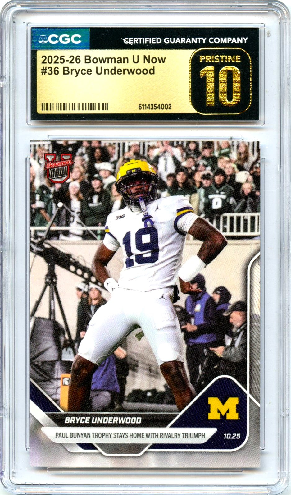 Bryce Underwood RC 2025 Bowman U Now Rookie #36 CGC 10 Pristine