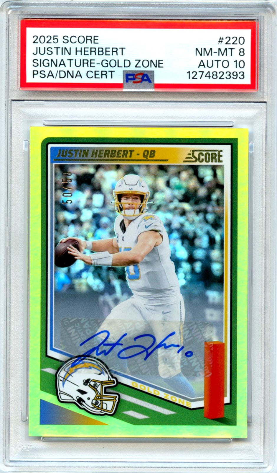 Justin Herbert 2025 Panini Score Gold Zone Auto SP 50/50 PSA 8