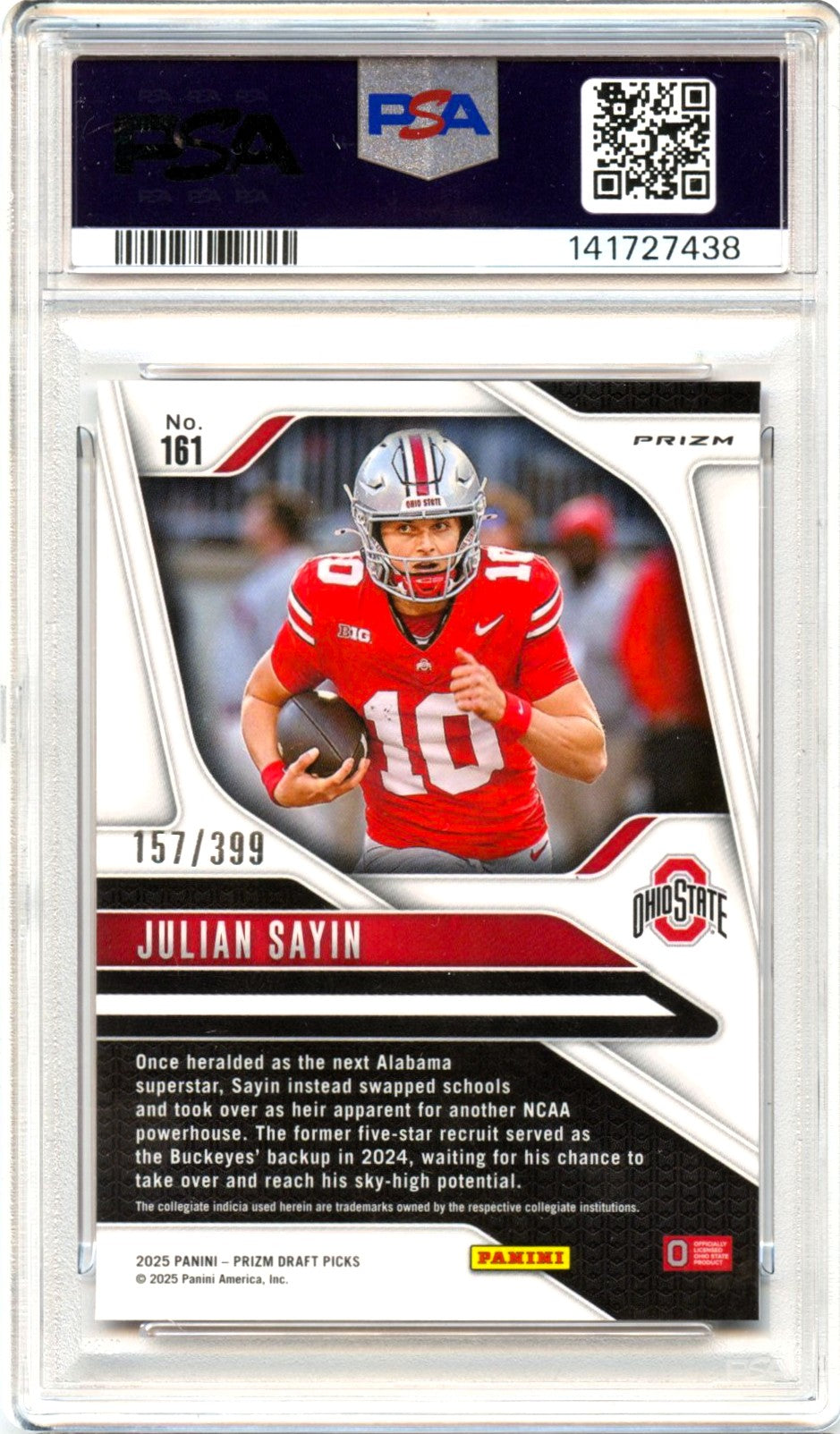 Julian Sayin RC 2025 Panini Prizm Draft Red Rated Prospect Rookie SP 157/399 PSA 10