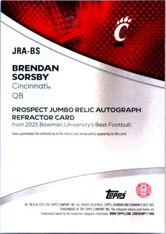 Brendan Sorsby RC 2025 Bowman U Best Game Used Rookie Patch Auto-2